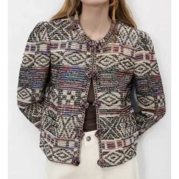 NWT Zara Multicolor Round Collar Jacquard Cropped Jacket Size XS - Picture 1 of 11